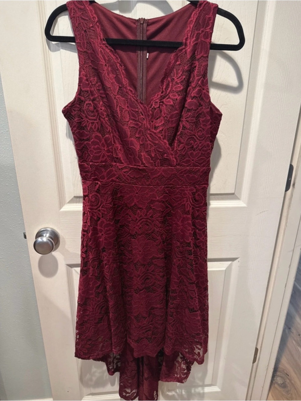 Amazon Women's Burgundy Lace High-Low V-Neck Dress